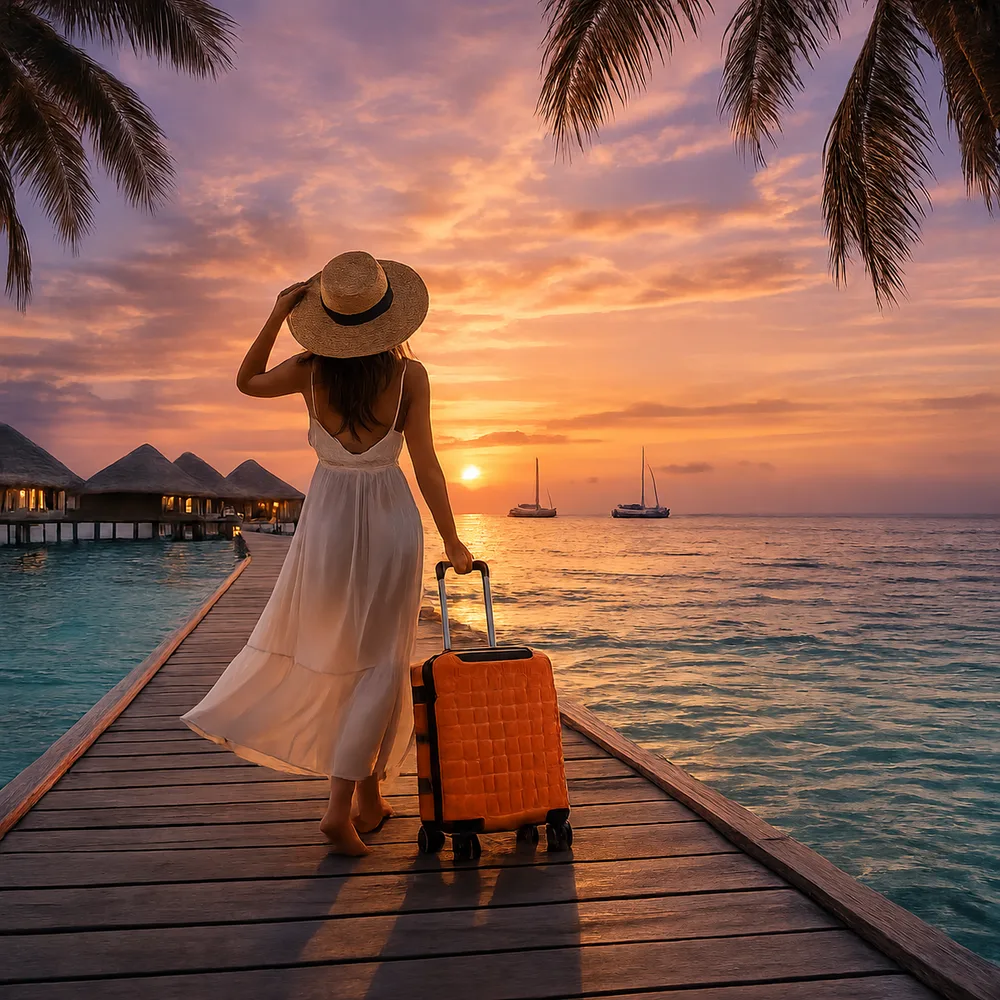 Traveler with luggage enjoying a TripFindBox beach getaway